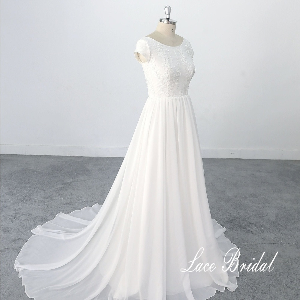 Cap Sleeve Floral Embroidered Lace A Line Chiffon Wedding Dress